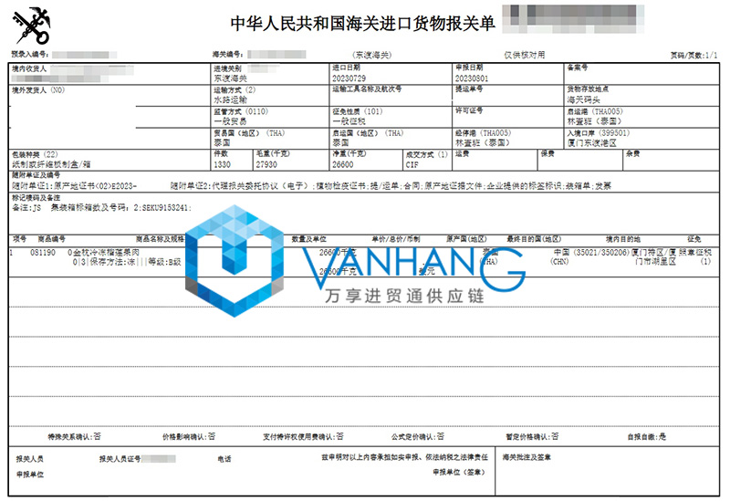 泰國金枕冷凍榴蓮果肉進口清關(guān)資料